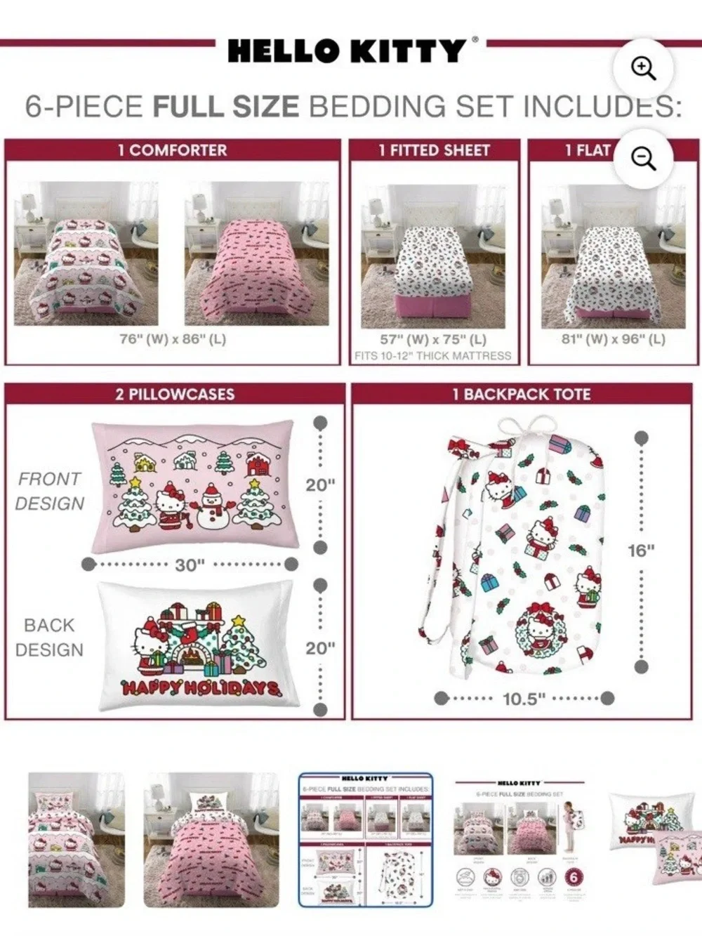 NWT Hello Kitty Full Size Reversible Merry Winter ComforterBed Set 5pc + Bag